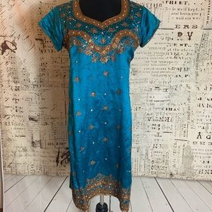 Beautiful India Kurti Kurta Tunic Gold Aqua Blue